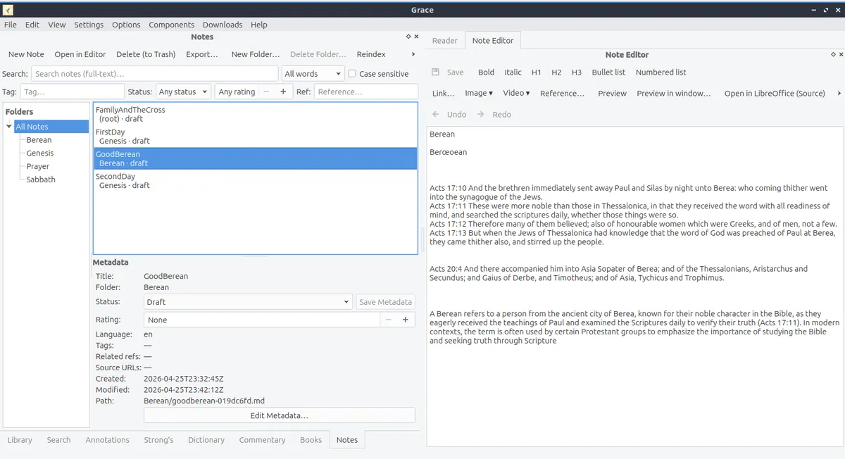 Grace's embedded Markdown notes editor with a note open in the editor pane